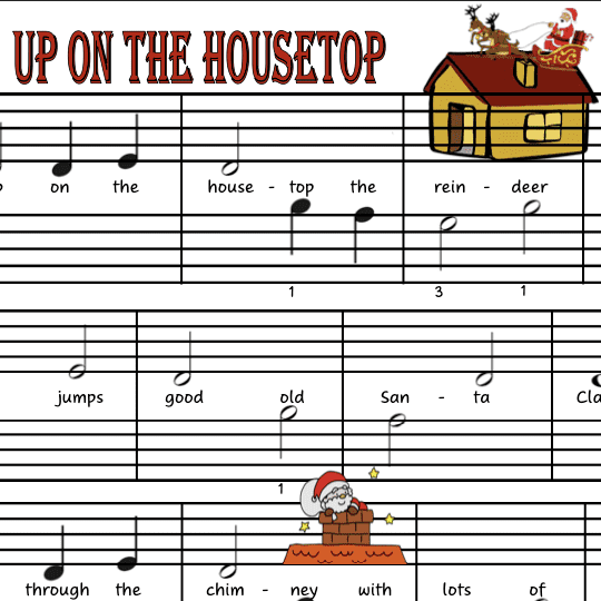 A sheet music with an image of a house and the words up on the housetop.