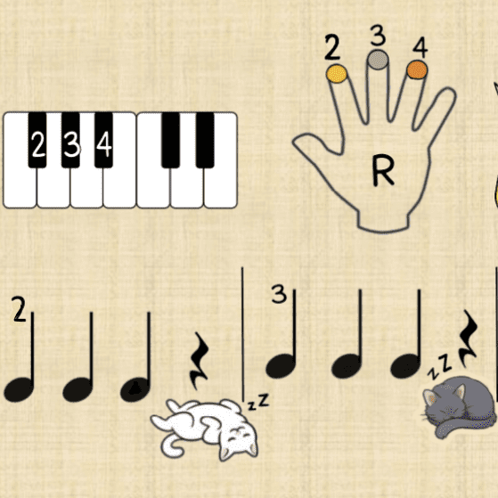 A group of musical notes and symbols with a cat on top.