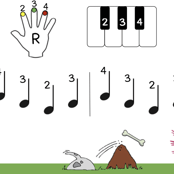 A rabbit is playing the piano while another rabbit plays the guitar.