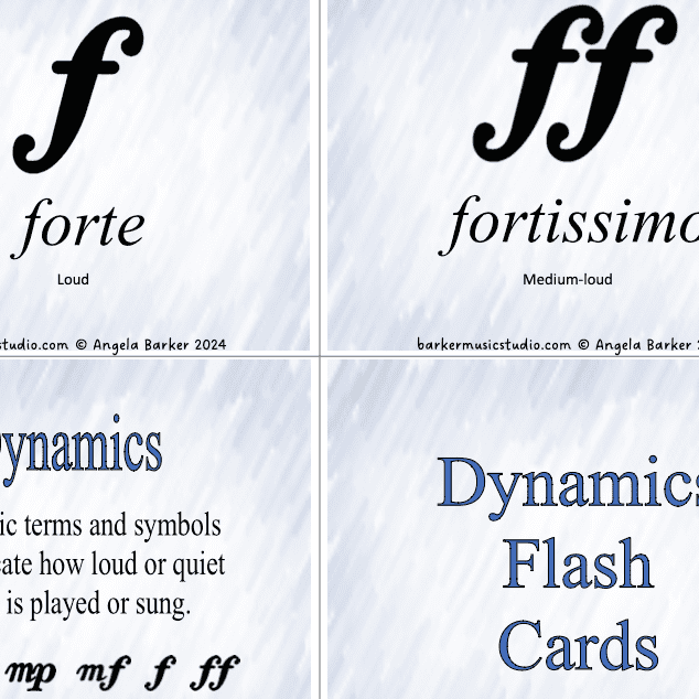 A series of four cards with the names of some musical instruments.