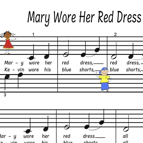 A sheet music with mary wore her red dress written on it.