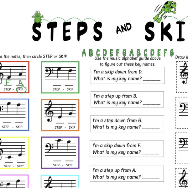 Music worksheet with steps and skips.