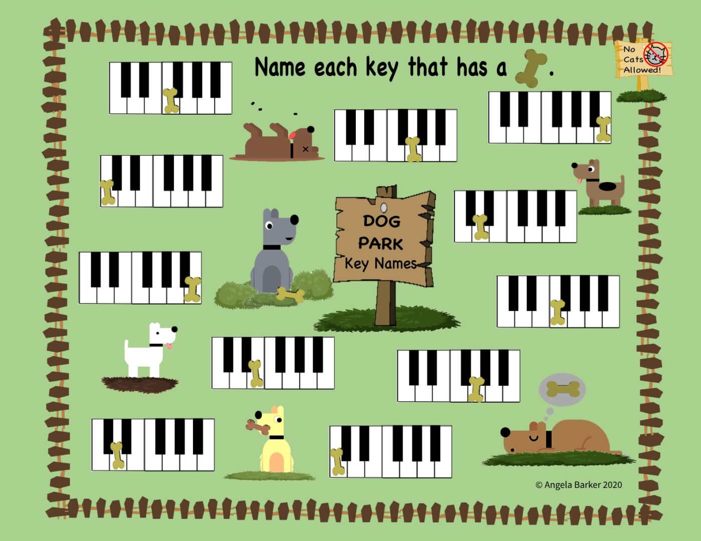 A green background with many different dogs and some keys.