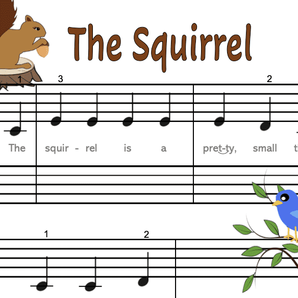 A sheet music with the squirrel and bird on it.