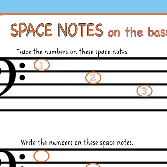 A sheet music page with space notes on the bass line.