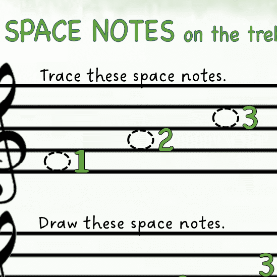 A sheet music with space notes on the treble line.