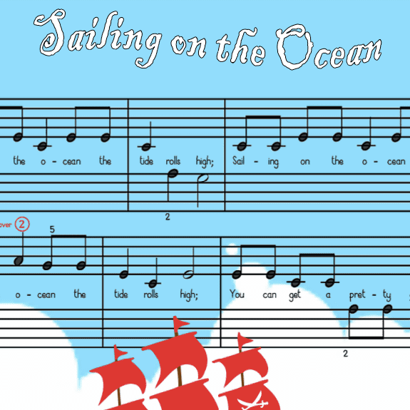 A sheet music with notes and a boat on it.